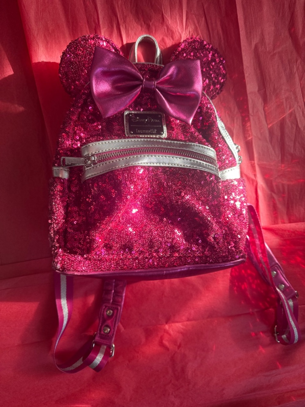 Disney Hot Pink Sequin Small Backpack with Bow and Ears